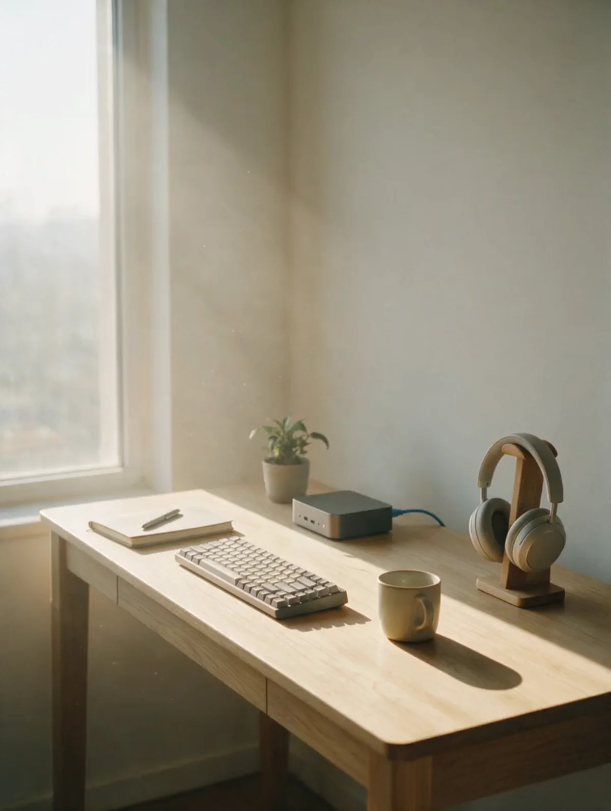Illustration: a tidy desk by a window with a keyboard, a notebook, a mug, a small computer and headphones on a stand.