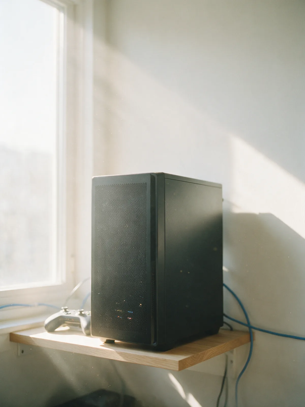 Illustration: a larger black tower computer on the floor beside a shelf, a game controller resting above it.
