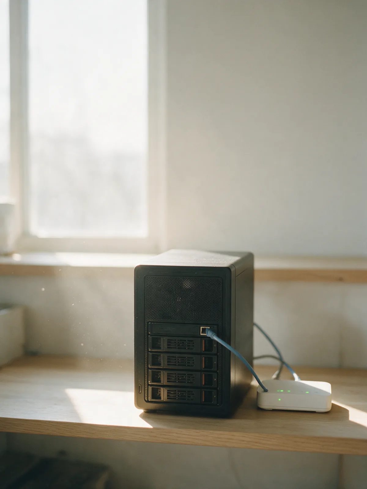 Illustration: a compact black server with four drive bays on a wooden shelf beside a small router.