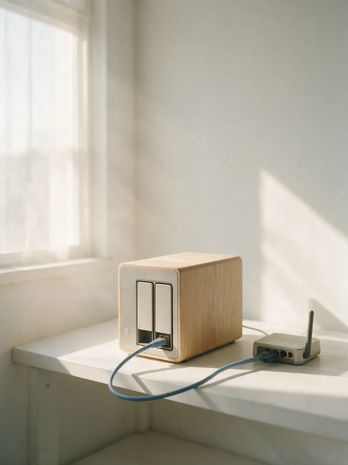 Illustration: a small two-bay storage box on a white shelf in a plain room with a sheer curtain.